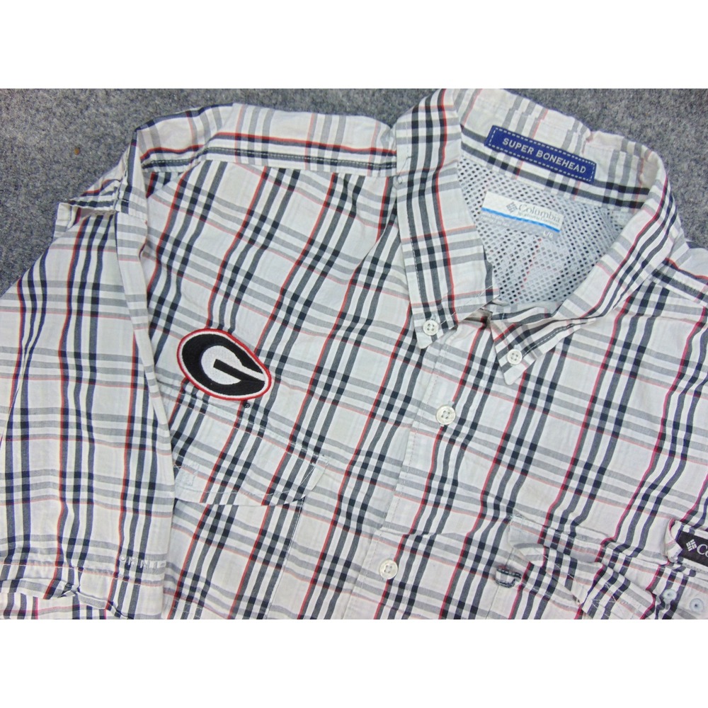 Georgia Bulldogs Shirt Mens Large Super Bonehead White Plaid PFG‎ Fishing Vented
